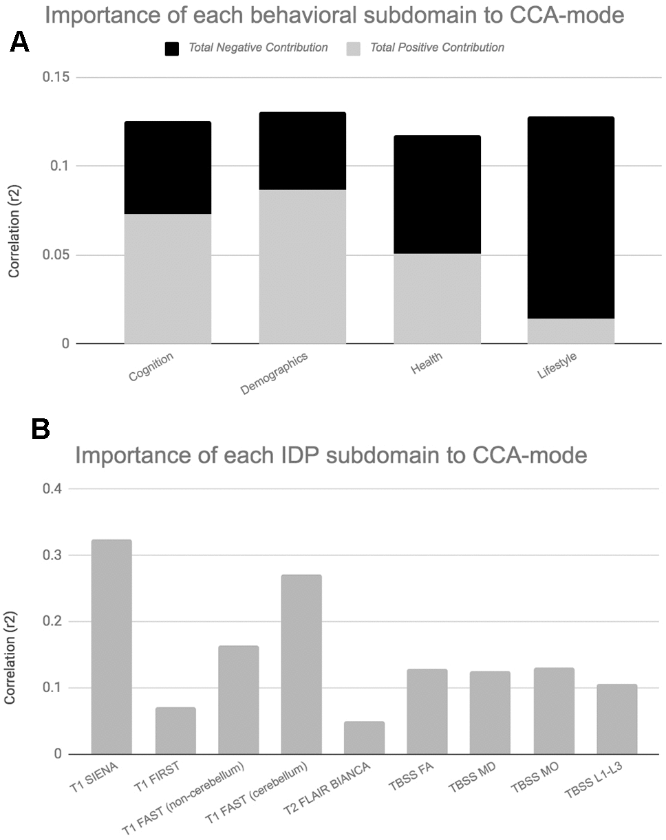 Importance of Behavioural and Brain-Imaging Subdomains to the CCA-Mode.Figures 5A, 5B visualize the overall significance of behavioural (A) and IDP subdomains (B) in influencing multivariate associations between each variable included in the measurement battery. For each subdomain (x-axis), the length of each bar represents the average subdomain importance (r2) to the CCA-mode. For behavioural subdomains only, categorically-driven contributions from positive qualities or indicators are represented in grey, whilst contributions from negative traits are represented in black. For brain-imaging subdomains all contributions are shown in grey as interpretation of the direction of longitudinal change observed in brain biomarkers was avoided due to the associated uncertainty. In this study, individual measures describing whole brain tissue volume (SIENAX and SIENA) and demographics were identified as the most important contributors to the CCA-mode of population covariation. Abbreviations: FA = fractional anisotropy, L1 = 1st eigenvalue, L2 = 2nd eigenvalue, L3, = 3rd eigenvalue, MD = mean diffusivity, MO = tensor mode, FAST = FMRIB’s Automated Segmentation Tool, FLAIR = Fluid-Attenuated Inversion Recovery, BIANCA = Brain Intensity AbNormality Algorithm, TBSS: tract-based spatial statistics.