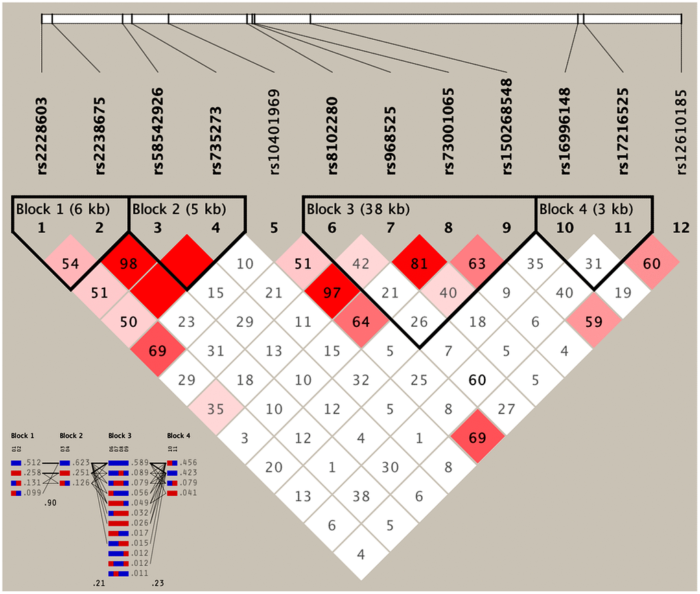 Results of linkage disequilibrium (LD) analyses of the NCAN, TM6SF2, CILP2, PBX4, SUGP1 and MAU2 SNPs.