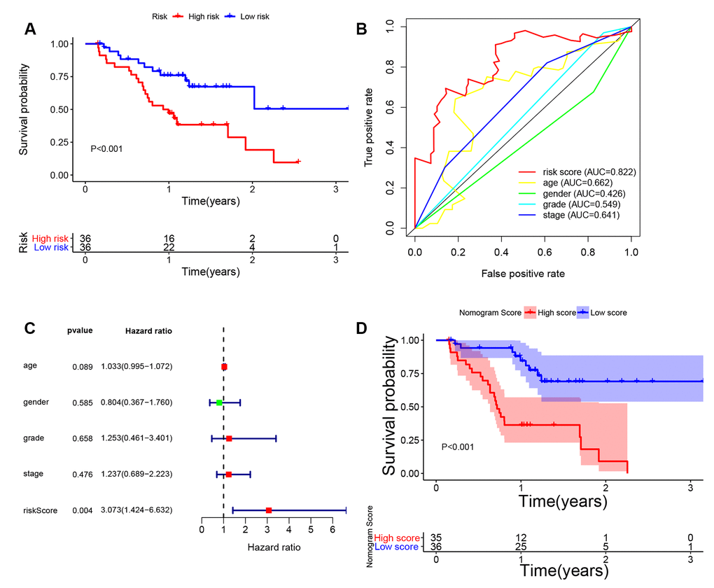 External validation of 8-lncRNA immune-related signature and nomogram in Tianjin cohort. (A) Kaplan-Meier survival curve of 8-lncRNA immune-related signature in Tianjin validation cohort; (B) Time-dependent ROC (receiver operating characteristic) curves and AUC (area under curve) of 8-lncRNA immune-related signature based on Tianjin validation cohort for 3-year overall survival; (C) Forest plot for multivariate Cox regression analysis; (D) Kaplan-Meier survival curve of nomogram in Tianjin validation cohort.