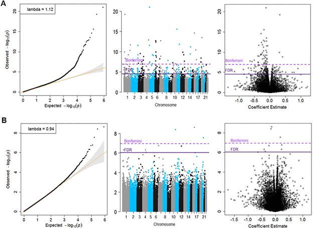 Quantile-Quantile plots, Manhattan and Volcano for the basic model (Panel A) and for the fully adjusted model (Panel B).