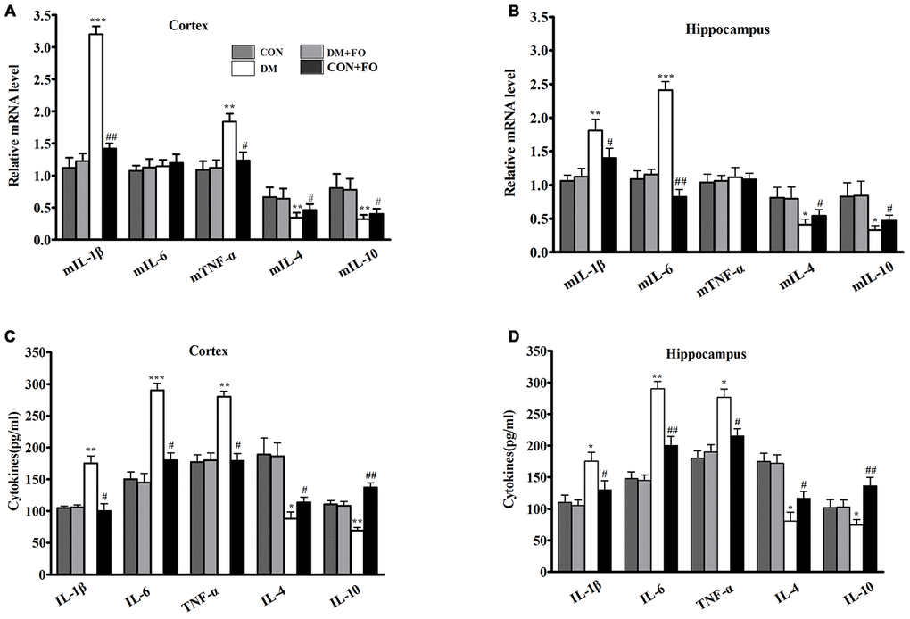 Proinflammatory cytokine in different groups. (A) Expression of mIL-1β, mIL-6, mTNF-α, mIL-4 and mIL-10 in the cortex. (B) Expression of mIL-1β, mIL-6, mTNF-α, mIL-4 and mIL-10 in the hippocampus. (C) Content of IL-1β, IL-6, TNF-α, IL-4 and IL-10in the cortex. (D) Content of IL-1β, IL-6, TNF-α, IL-4 and IL-10 in the hippocampus. Data are shown as the mean ± SEM (n=7) *P0.05, **P0.01 and ***P0.001 vs. the CON group; # P0.05, ##P0.01 and ###P0.001 vs. the DM group.