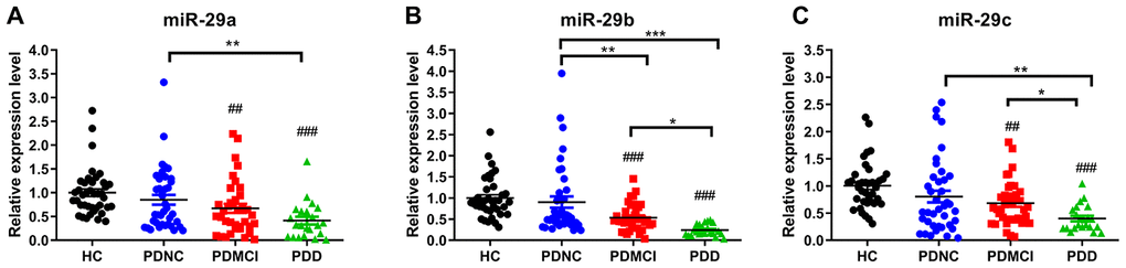 Expression levels of miRNA-29s among PDD, PD-MCI, PD-NC groups and healthy controls. (A) Expression levels of miRNA-29a among PDD, PD-MCI, PD-NC groups and HCs. (B) Expression levels of miRNA-29b among PDD, PD-MCI, PD-NC groups and HCs. (C) Expression levels of miRNA-29c among PDD, PD-MCI, PD-NC groups and HCs. Abbreviations: HC, healthy control; PDD, Parkinson’s disease with dementia; PD-MCI, Parkinson’s disease with mild cognitive impairment; PD-NC, Parkinson’s disease with no cognitive impairment. Pound sign shows the comparison with healthy control group. ##, p
