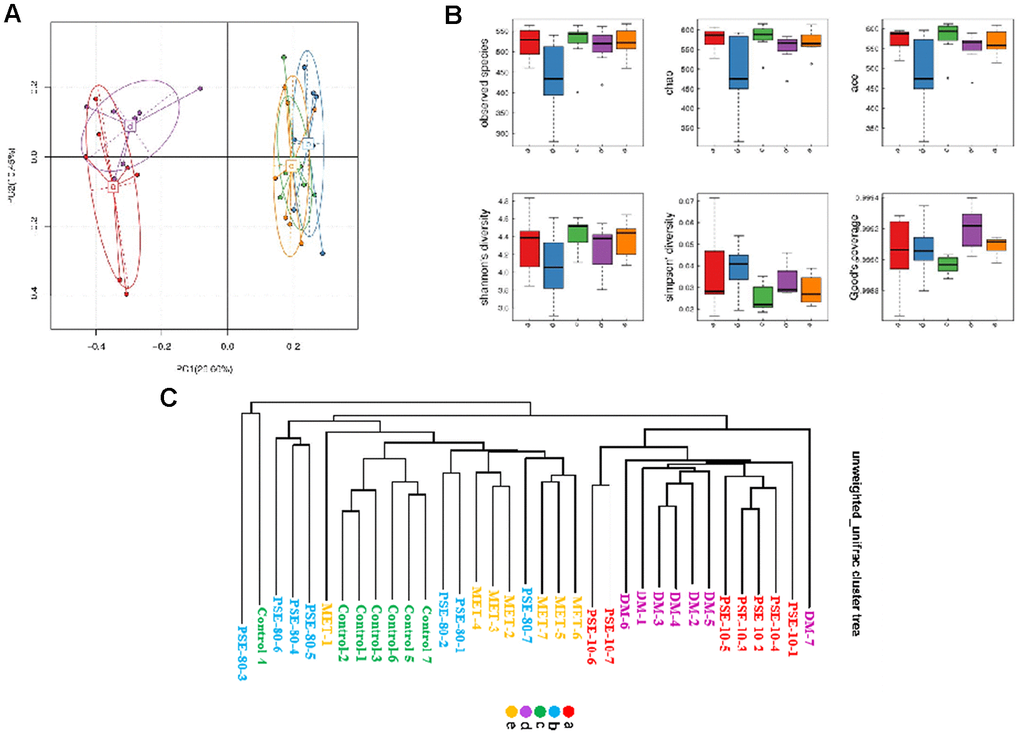 Results of PCA analysis based on OTU abundance, inter-group alpha diversity box map and multivariate analysis of variance of PCoA. The results of PCoA analysis based on OTU abundance (A) and inter-group alpha diversity box map (B). Multivariate analysis of variance of PCoA matrix scores (C). Letters a, b, c, d, and e in graph represent 10 mg/kg PSE-treated, 80 mg/kg PSE-treated, normal control, diabetes model, and 140 mg/kg MET-treated groups, respectively. The dots in the figure represent each sample. Different colours represent different groups of samples.