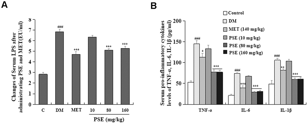 Effects of PSE on serum endotoxin and pro-inflammatory cytokines of HFD-induced diabetic mice. The change on serum endotoxin (A) and pro-inflammatory cytokines (B) of HFD-induced diabetic mice after administering PSE at 10, 80, and 160 mg/kg for 6 weeks, respectively. Each value was expressed as the mean ± SEM of 10 mice. ### represents significant difference compared to the control group at p *, **, and *** indicate significant difference compared to the DM group at p 