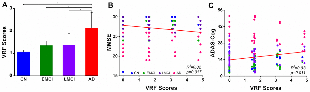 Group-level comparison of VRF scores in the AD spectrum population and its behavioral significance. A: The results illustrated that there was a significant increase in the VRF scores in the AD spectrum (F(3, 188)= 4.53, p=0.004). B and C: VRF scores were significantly correlated with cognitive impairment severity, which was measured by the MMSE and ADAS-Cog scores, after controlling for the effects of age, gender and gray matter volumes. This finding directly indicates that a higher VRF scores is associated with a greater severity of cognitive impairment. Abbreviations: VRF, vascular risk factor; CN, cognitively normal; EMCI, early mild cognitive impairment; LMCI, late mild cognitive impairment; AD, Alzheimer’s disease; MMSE, Mini-Mental State Examination; ADAS-Cog, Alzheimer's Disease Assessment Scale-Cognitive Subscale; VRF, vascular risk factor.