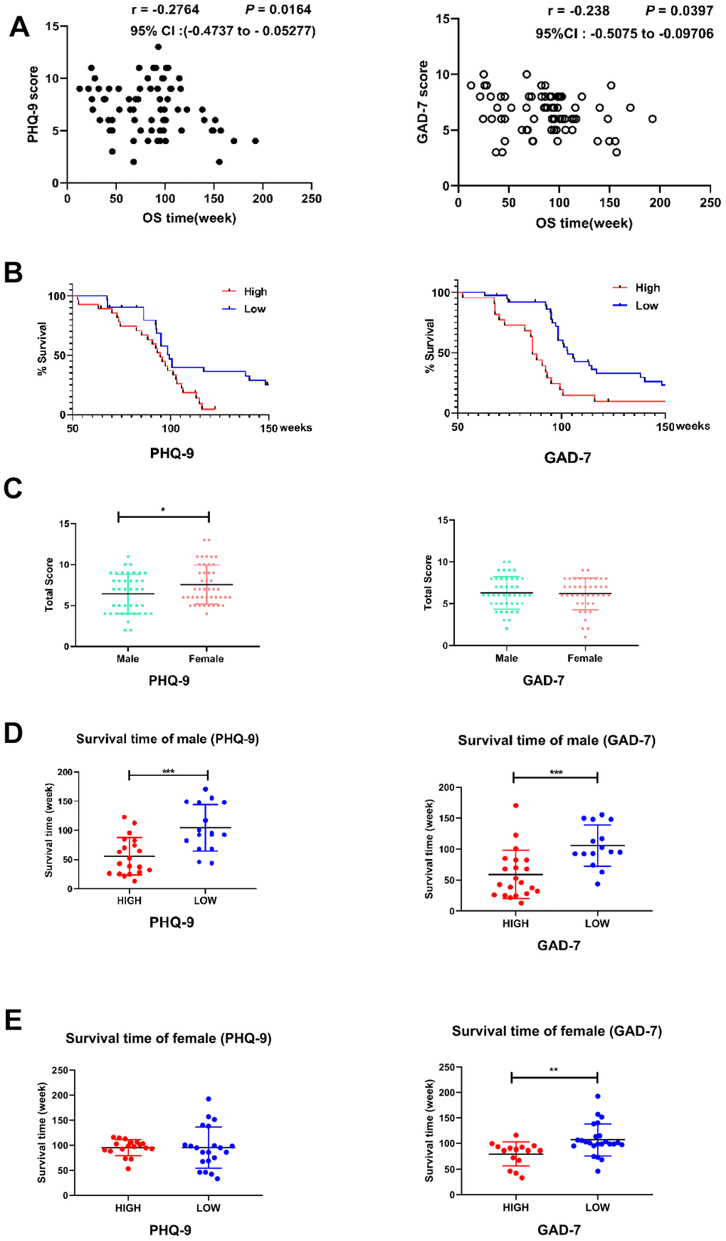 Correlation between the questionnaire results and GBM outcomes. (A) Scatter plots demonstrating the correlations of PHQ-9 (left) and GAD-7 (right) scores with the overall survival (OS) times in GBM patients. Pearson correlation analysis was used. The correlation coefficient, 95% confidence interval and P value are provided in the upper right corner of each plot. (B) Kaplan-Meier analyses of OS in patients with high or low PHQ-9 (left side) or GAD-7 (right side) scores. The OS times differed significantly between patients with higher (red line, n = 38) and lower (blue line, n = 36) PHQ-9 scores; P = 0.0172. The OS times also differed significantly between patients with higher (red line, n = 36) and lower (blue line, n = 39) GAD-7 scores; P = 0.002. A log-rank (Mantel-Cox) test was used. (C) Histogram displaying the differences in PHQ-9 (left side, n male = 40, n female = 44, P = 0.0378) and GAD-7 (right side, n male = 40, n female = 44, P = 0.5742) results between male and female GBM patients. Student’s t-test was used for statistical analysis. *, P D) Histogram displaying the differences in OS between male GBM patients with high or low PHQ-9 or GAD-7 scores. The OS times differed significantly between male patients with high (red, n = 20) and low (blue, n = 16) PHQ-9 scores (left side); P = 0.0003. The OS times also differed significantly between male patients with high (red, n = 21) and low (blue, n = 15) GAD-7 scores (right side); P = 0.0006. Student’s t-test was used for statistical analysis; ***, P E) Histogram displaying the differences in OS between female GBM patients with high or low PHQ-9 or GAD-7 scores. The OS times did not differ significantly between female patients with high (red, n = 18) and low (blue, n = 21) PHQ-9 scores (left side); P = 0.9966. The OS times differed significantly between female patients with high (red, n = 15) and low (blue, n = 24) GAD-7 scores (right side); P = 0.0054. Student's t-test was used for statistical analysis; **, P 