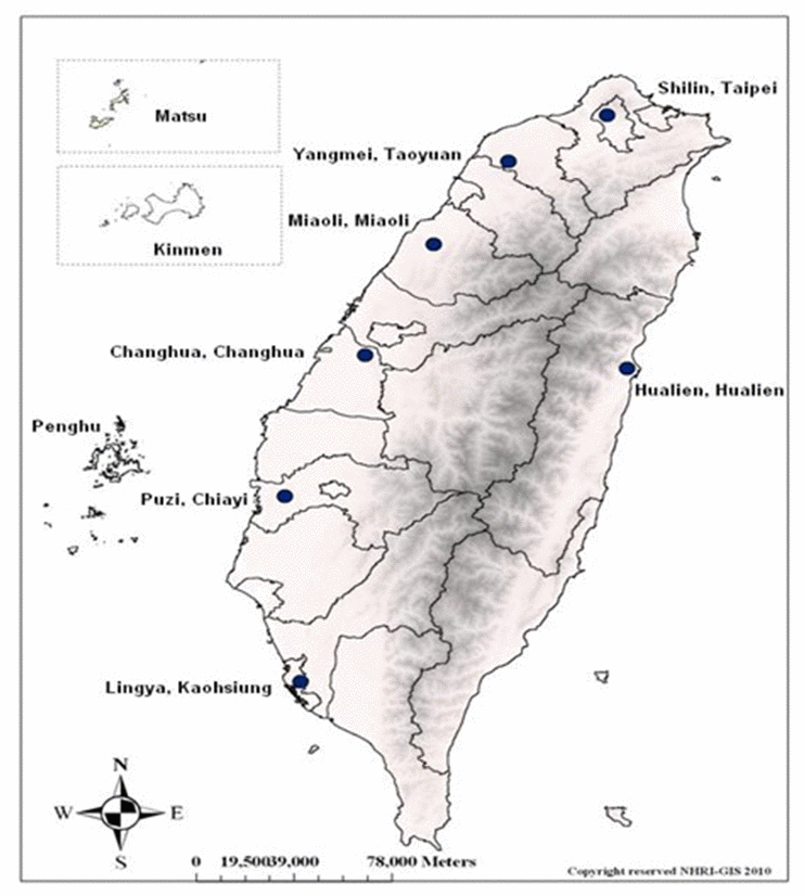 Locations of the 7 participating sites across Taiwan in the HALST study. Individuals were recruited from multiple regions across Taiwan, including 2 areas in the northern region, 2 in the central region, 2 in the southern region, and 1 in the eastern region. (Abbreviation: HALST, Healthy Aging Longitudinal Study in Taiwan).