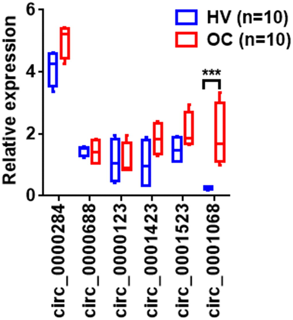 The relative levels of circRNAs in the serum exosomes from 10 healthy volunteers (HV) and 10 ovarian cancer (OC) patients. The relative levels of circRNAs in the serum exosomes of the HV and OC patients were determined using qRT- PCR. ***P 