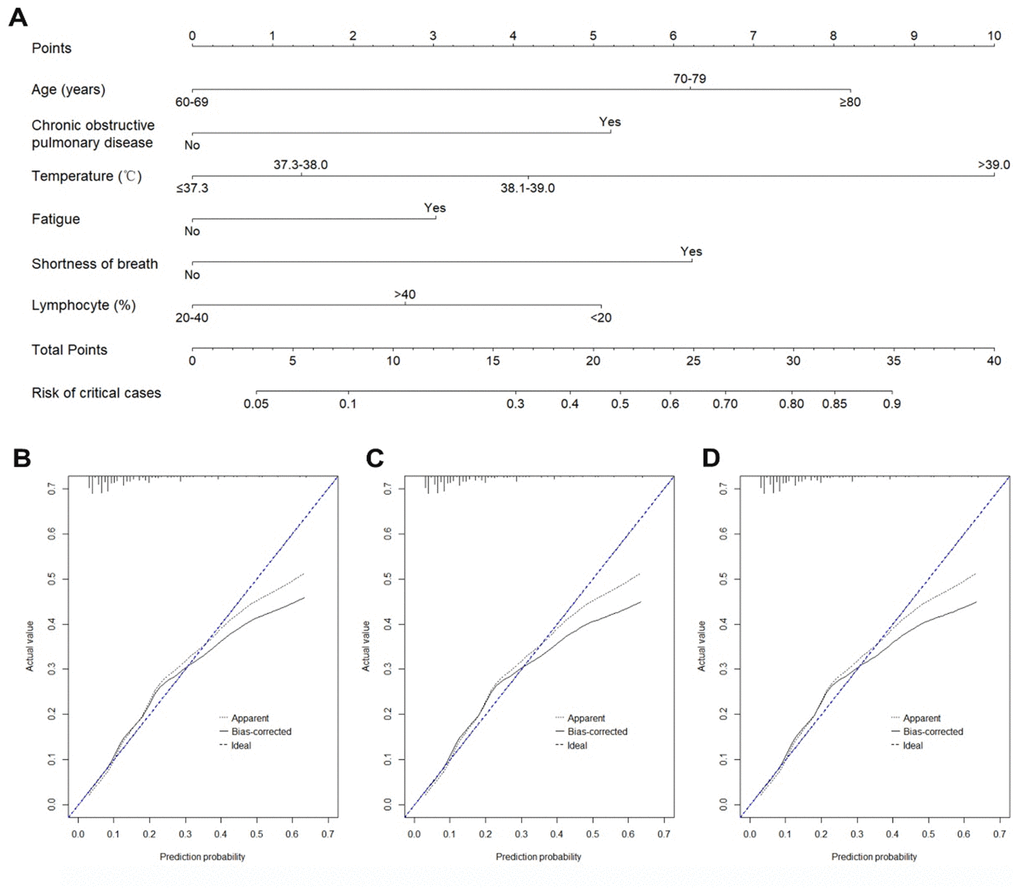Nomogram and calibration curves for predicting the risk of critically illness among COVID-19 patients. (A) Nomogram model for predicting the risk of critically ill cases among COVID-19 patients. (B) Calibration curves for the nomogram in the development cohort. (C) Calibration curves for the nomogram in the internal validation cohort. (D) Calibration curves for the nomogram in the external validation cohort.