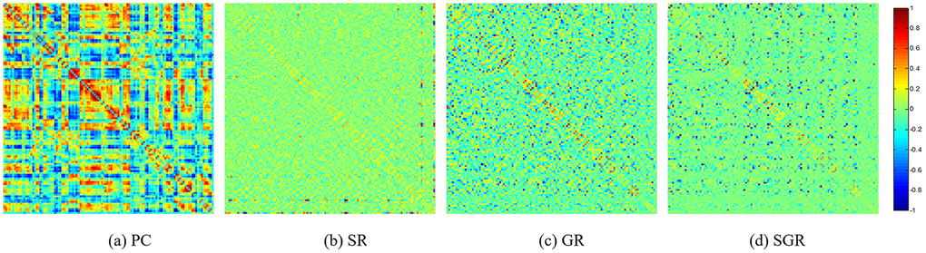 The FCN adjacency matrices of a certain subject, constructed by different methods.