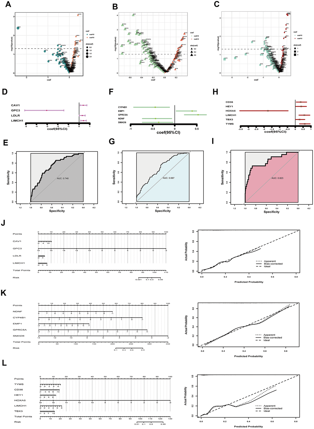 Assessing tumor size, lymph node invasion and distant metastasis. (A–C) coef and p value in univariate logistic regression analysis for tumor growth (A) lymph node invasion (B) and distant metastasis (C) respectively; (D) coef and 95% CI derived from the optimized model for tumor size; (E) ROC curve to show predictive potential of T-related model; (F) coef and 95% CI of the improved model for lymph node invasion; (G) ROC curve to exhibiting predictive efficacy of N parameter; (H) coef and 95% CI of the optimized model for distant metastasis; (I) ROC curve to exhibiting efficacy of M prediction; (J) Nomograph to assess T risk probability and corresponding calibration curve; (K) Nomograph to estimate lymph node invasion hazard and examination of efficacy; (L) Nomograph to assess distant metastasis risk and calibration curve showing model’s predictive potential. coef, coefficient; DEGs, differentially expressed genes; CI, confidence interval; ROC, receiver operating characteristic.
