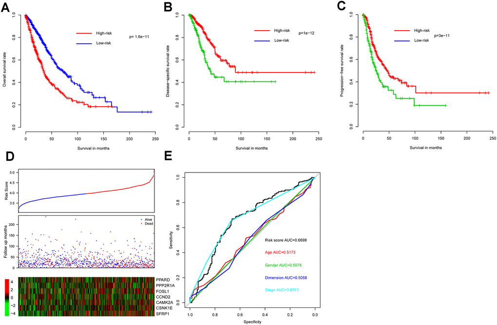 Model prognostic performance in the training cohort. Overall (A), disease-free (B), and progression-free (C) survival intervals were compared between risk score-predicted high- and low-risk groups. Detailed survival, risk score, and gene expression pattern data are shown (D). The heatmap shows scaled relative gene expression values for each sample. Area under the receiver-operator characteristic (AUROC) curve for clinical indicator- and risk score-based survival prediction is shown (E).