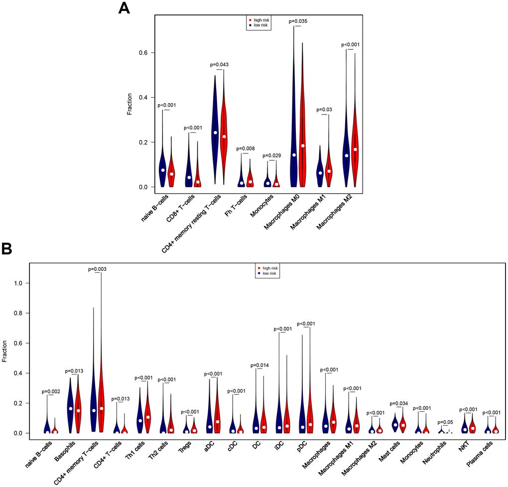 Associations between eight-gene signature and immune cell infiltration. (A) Predictive value of the eight-gene signature for 8 immune cells based on the CIBERSORT algorithm. (B) Predictive value of the eight-gene signature for 21 immune cells based on the xCell algorithm.