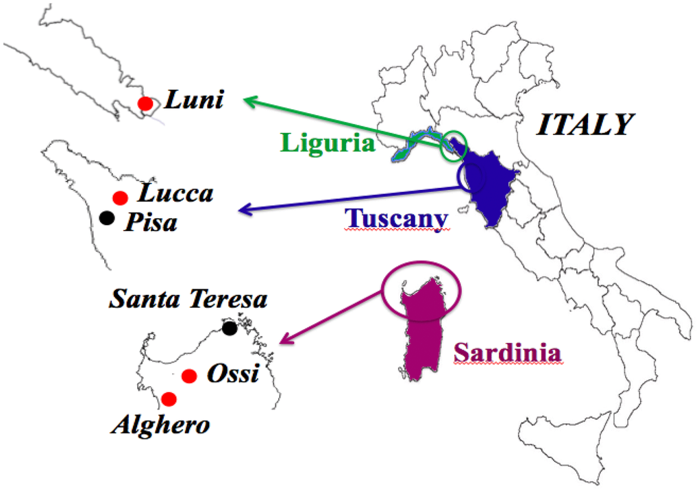 Geographic areas of origin of the 36 skulls objects of the study. Red dots indicate the four sites where the six cases positive for MMTVenv-like sequences were identified: two in Ossi, Sardinia; two in Alghero, Sardinia; one in Luni, Liguria; one in Lucca, Tuscany. In four cases, the sequencing of both ENV1 and ENV 2 amplicons was accomplished; one of the ENV1 amplicons showed a C > T polymorphism, that did not cause an amino acid substitution: Ossi (ENV2), Luni (ENV1-C), Alghero (ENV1-C, ENV1-T). The two cases that dated back to the Copper Age came from Ossi, Sardinia.