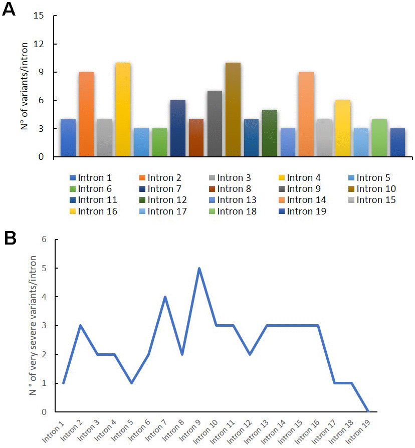 Genetic variants distribution into GAA introns. Distribution of variants for each intron (A); distribution of very severe variants for each intron (B).