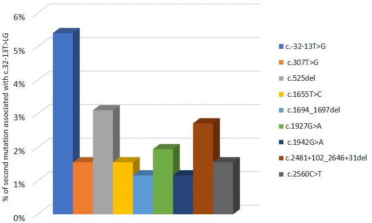 Second mutation located in a second allele of GAA gene associated to c.-32-13T>G variant.