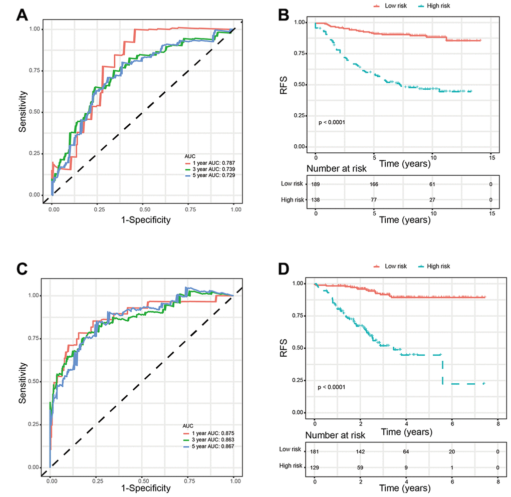 Validation of glycolysis-related signature in validation sets. (A) Time-dependent ROC curves of the glycolysis-related signature in validation set GSE20685. (B) Kaplan-Meier survival analysis of the glycolysis-related signature in validation set GSE20685. (C). Time-dependent ROC curves of the glycolysis-related signature in validation set GSE25055. (D). Kaplan-Meier survival analysis of the glycolysis-related signature in validation set GSE25055. Abbreviations: RFS (relapse-free survival).