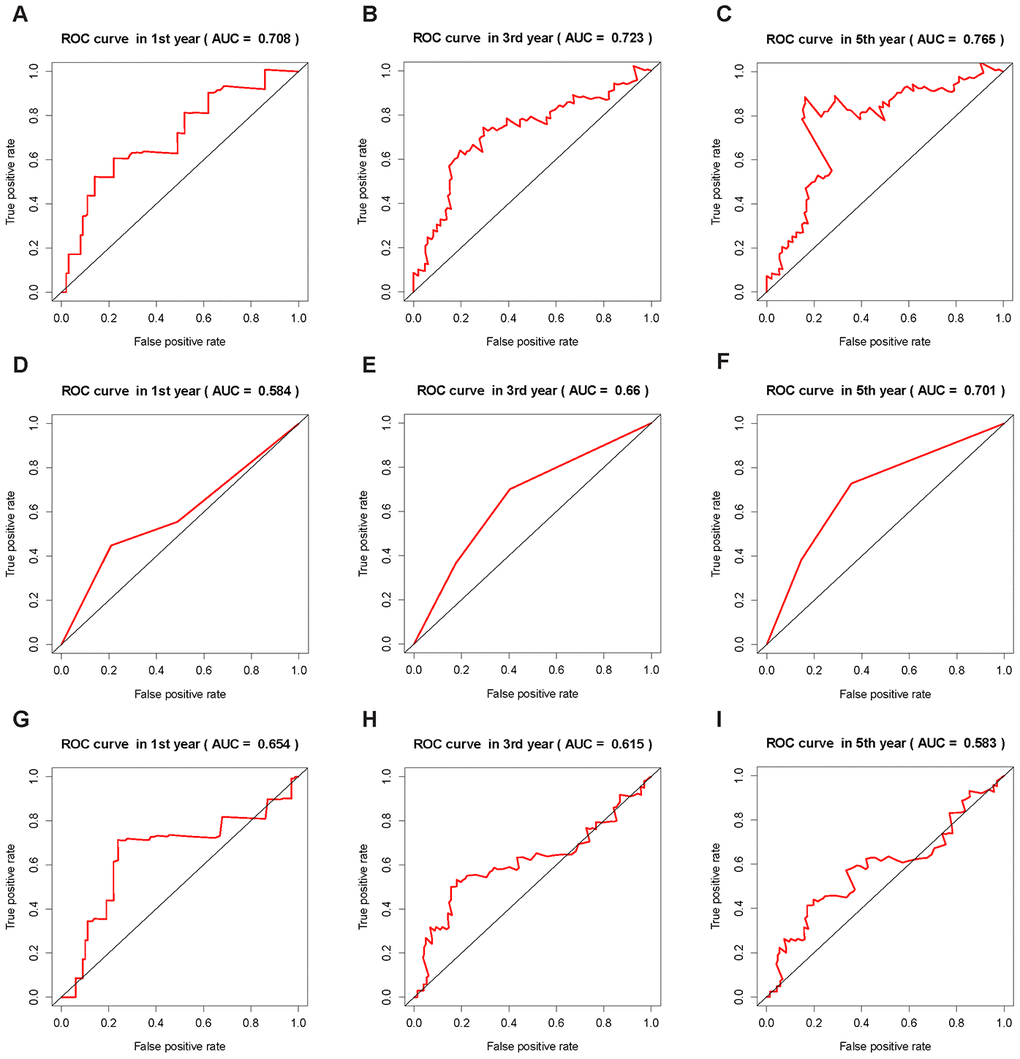 ROC curves of the ICRP score, AJCC stage, and ALBI score. The AUC value is in brackets. (A–C) ROC curves of ICRP score’s forecast result after 1, 3, and 5 years in the test set. (D–F) ROC curves of AJCC stage forecast result after 1, 3, and 5 years in the test set. (G–I) ROC curves of ALBI score prediction results after 1, 3, and 5 years in the test set.