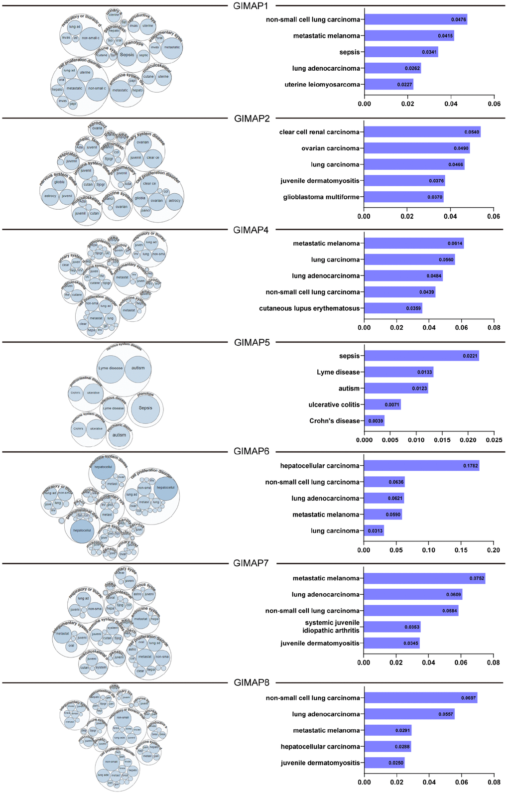 Relationship between GIMAPs with LUAD among the different disease (the Open Targets Platform). GIMAPs had a close relationship with LUAD and could be determined and visualized. The bubbles color and bubbles size represent the association score, and the top 5 diseases with a high score value are listed at right.