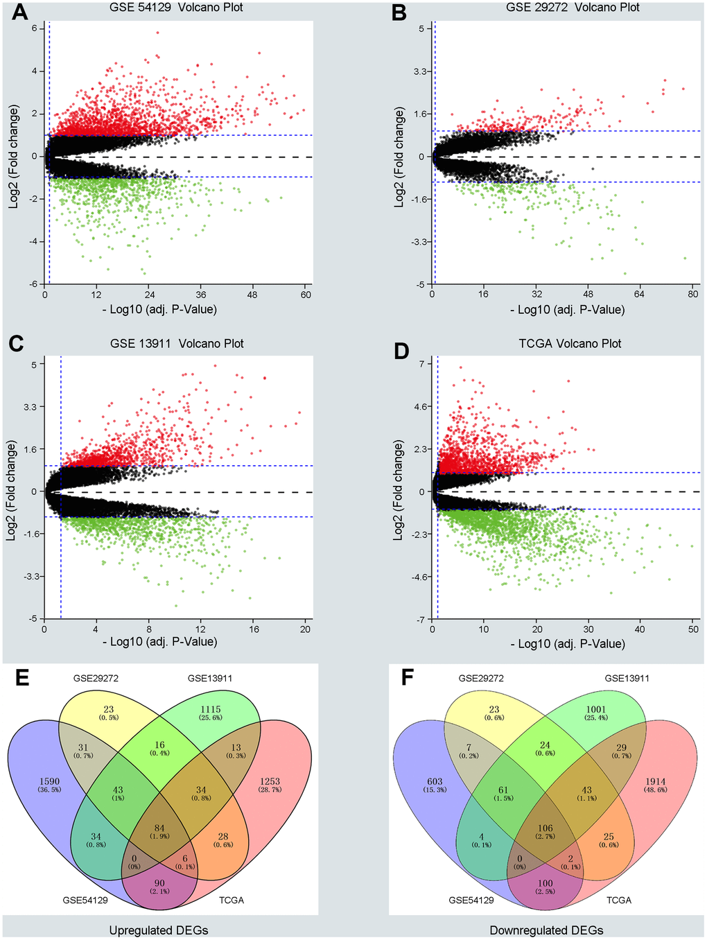 Screening differentially expressed genes (DEGs) between gastric cancer (GC) and normal samples in three GEO datasets and TCGA database. (A–D) The volcano plots of DEGs in GSE54129, GSE29272, GSE13911 and TCGA datasets with thresholds of |log2FC| > 1, adjust P value E, F) The intersection of upregulated DEGs and downregulated DEGs in four datasets, respectively.