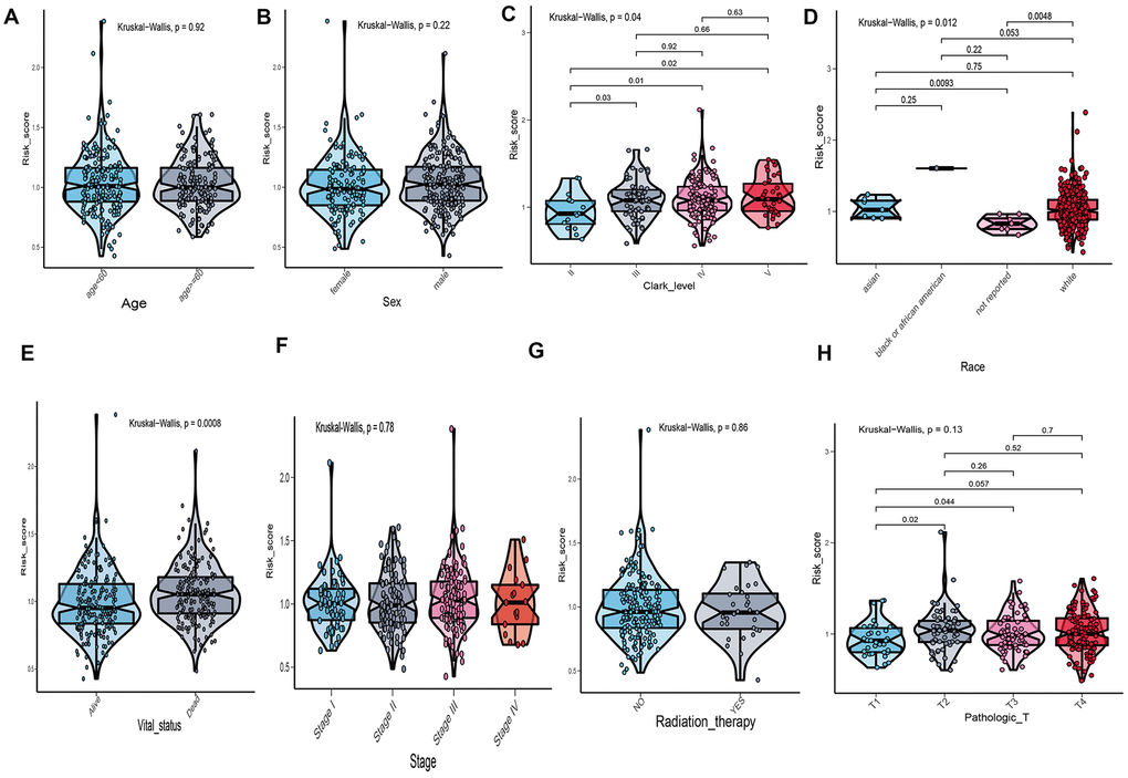 The relationship between risk score distribution and clinical variables which include age (A), sex (B), Clark level (C), race (D), vital statu s(E), stage (F), radiation therapy (G) and tumor size (H).