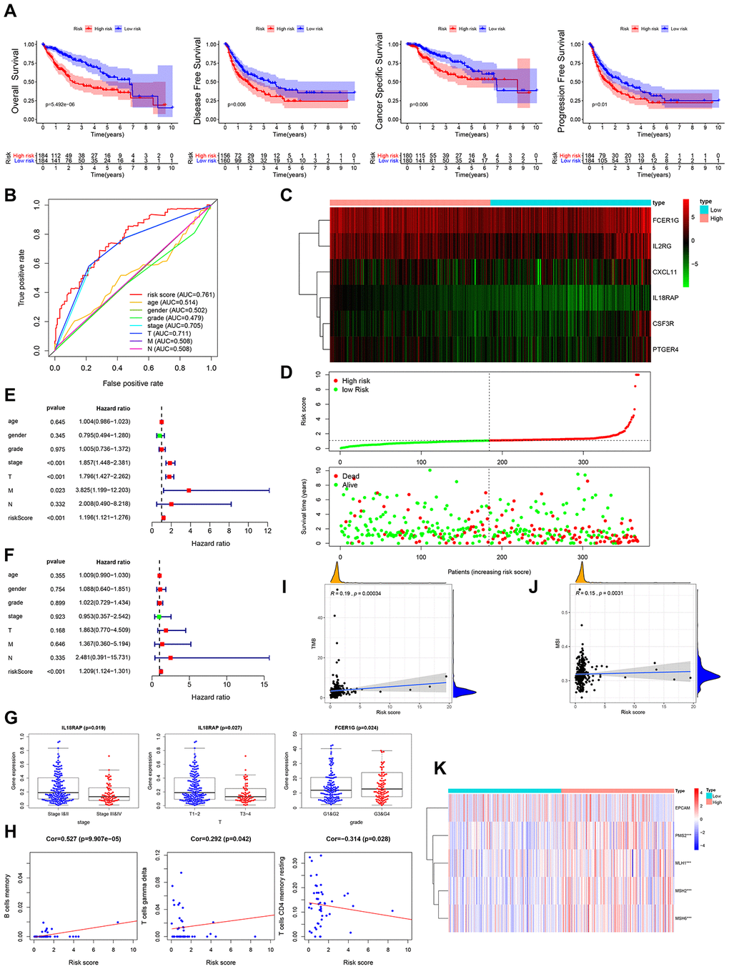 Clinical utility of prognostic IRG panel and IRGs-based prognostic index. (A) Overall survival, disease-free survival, cancer-specific survival, and progression-free survival of patients between high- and low-risk groups based on prognostic IRGs. (B) ROC curve analysis of risk score compared with clinicopathological features (age, gender, pathologic grade, clinical stage, tumor stage, lymph node metastasis and distant metastasis). (C, D) Differential risk scores, survival status and expression pattern of 6 IRGs in HCC patients. (E, F) Univariate and multivariate Cox regression analysis showing the independent prognostic value of this risk score. (G) Relationships between genes in the prognostic IRG panel and clinicopathological characteristics of HCC patients. (H) Pearson correlation analysis between risk score and infiltration abundances of immune cells. (I) Spearman correlation analysis between risk score and tumor mutation burden (TMB). (J) Spearman correlation analysis between risk score and microsatellite instability (MSI). (K) Heatmap visualization of the expression of 4 DNA mismatch repair (MMR) genes related to risk score. *** p = 