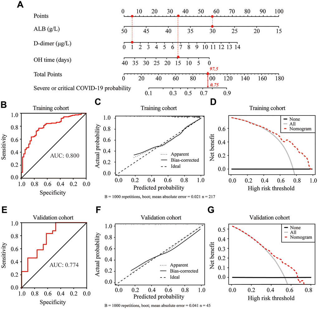 Construction and validation of the predictive nomogram for the severity of COVID-19 in elderly patients. (A) Development of the nomogram to predict the severity of COVID-19 in elderly patients. For example, if the albumin (ALB), d-dimer and onset to hospitalization (OH) time of an admitted elderly COVID-19 patient were 30 g/L, 1 μg/L and 15 days, respectively, the corresponding points for ALB, d-dimer and OH time were 57.5, 5 and 35, respectively. The total points value for this patient was 97.5, with a probability of 0.75 for developing severe or critical illness after admission. (B, E) Receiver operating characteristic (ROC) curves of the nomogram in the training cohort (B) and validation cohort (E). (C, F) Calibration curve of the nomogram in the training cohort (C) and validation cohort (F). (D, G) Decision curve analysis in the training cohort (D) and validation cohort (G). The y-axis represents net benefits, calculated by subtracting the relative harms (false positives) from the benefits (true positives). The x-axis measures the threshold probability.