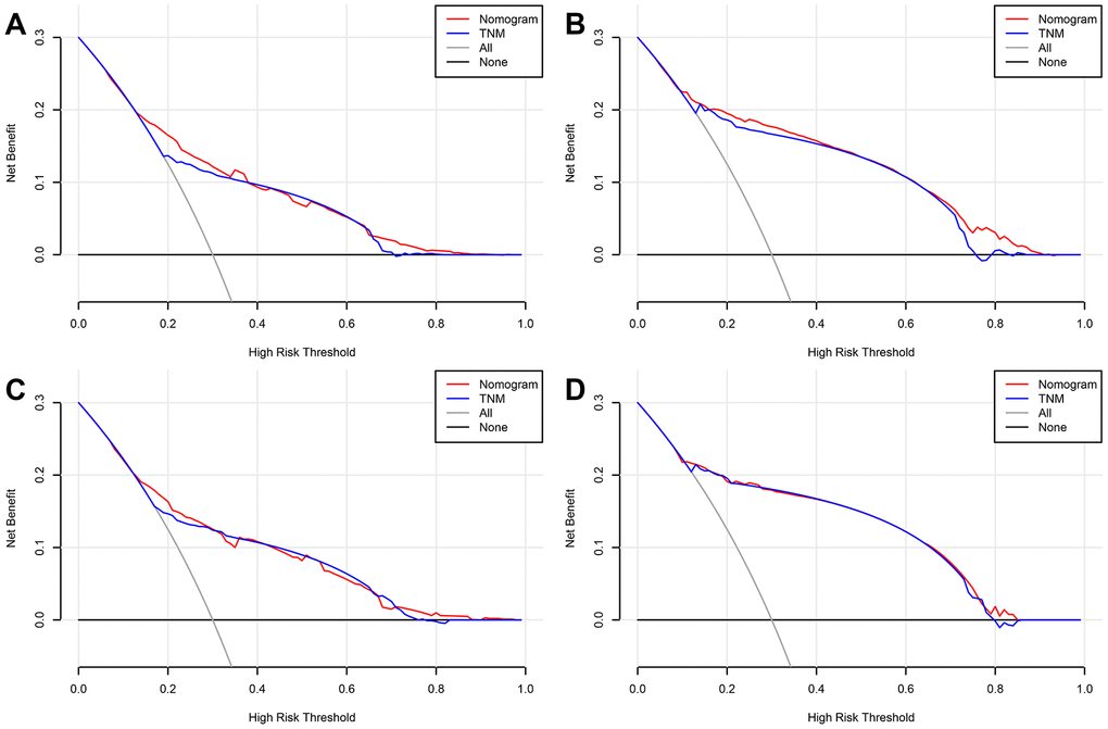 Decision curve analysis (DCA) curves detects the predictive value of two nomograms in GCTC prognosis. (A) Overall survival (OS) in the training cohort. (B) Cancer-specific survival (CSS) in the training cohort. (C) OS in the validation cohort. (D) CSS in the validation cohort.
