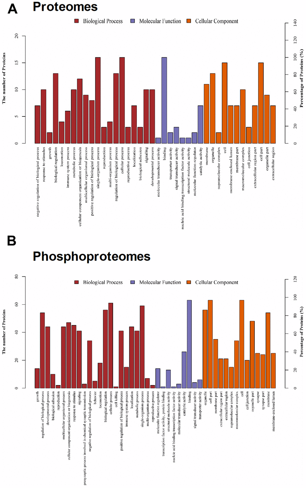 Gene ontology (GO) classification for differentially expressed proteins. (A) For proteomes, populations of proteins that showed alteredexpression are indicated based on their GO for molecular function, biological process, and cellular components. (B) For phosphoproteomes, populations of proteins that showed alteredexpression are indicated based on their GO for molecular function, biological process, and cellular components.