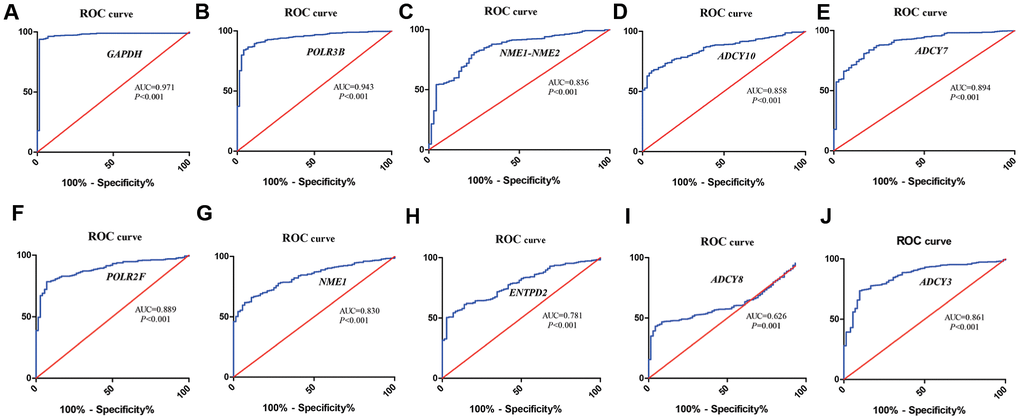 ROC curve analysis of hub metabolic genes. The figure shows the ROC curves evaluating the diagnostic accuracy of the 10 hub metabolic genes, namely, (A) GAPDH; (B) POLR3B; (C) NME1-NME2; (D) ADCY10; (E) ADCY7; (F) POLR2F; (G) NME1; (H) ENTPD2; (I) ADCY8; (J) ADCY3 in ccRCC patients.