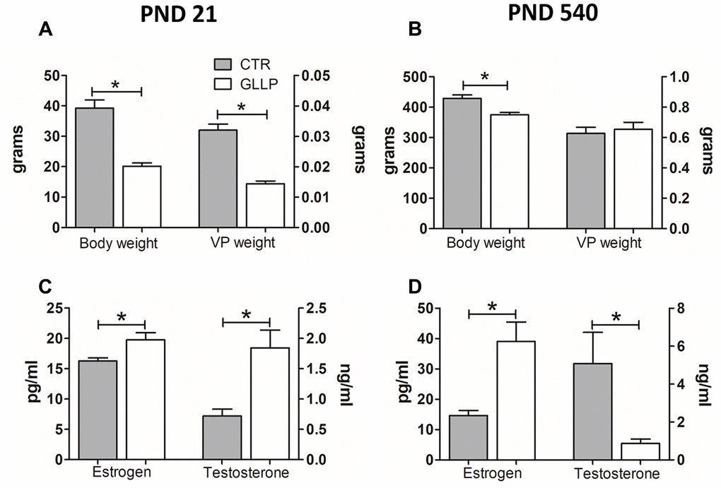 Body weight (A, B) and hormonal levels (C, D) of male offspring on PND 21 and 540. All data are expressed as mean±SD. Asterisks (*) represent statistical differences between experimental groups with p