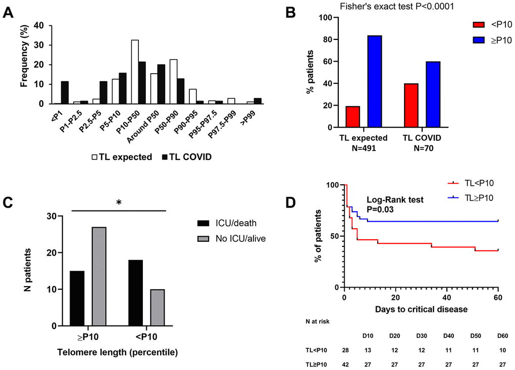 High proportion of COVID-19 patients with short telomeres and link with outcome. (A) As compared to the reference population (white bars), we found an enrichment of COVID-19 patients with short telomeres (black bars). (B) There is a statistically significant association between short telomeres (C) There is a statistically significant association between short telomeres (D) Kaplan-Meyer curve showing the time to admission in ICU and/or death without in patients with TL 