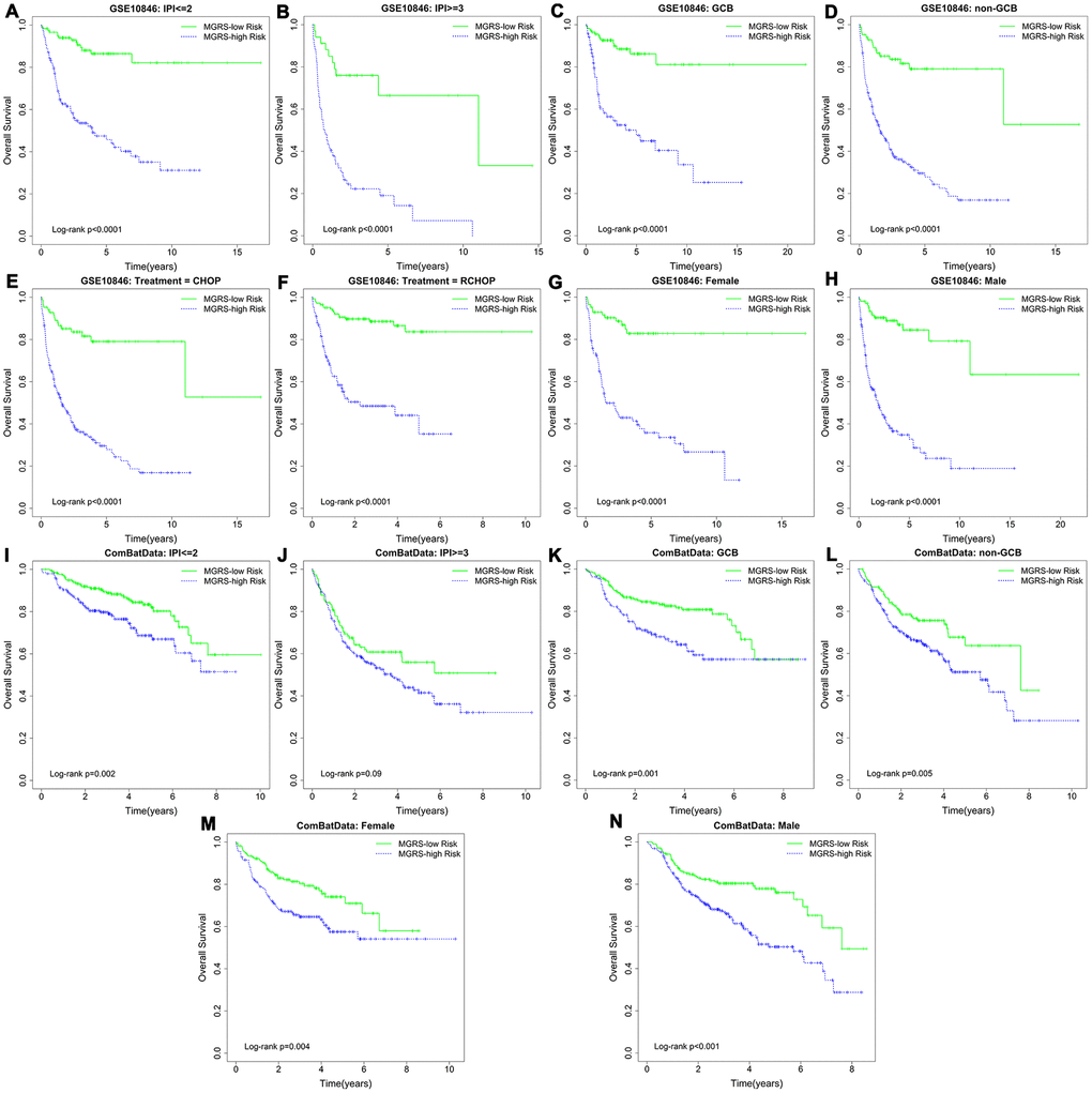 Kaplan–Meier survival curves of multigene risk score (MGRS)-high risk and MGRS-low risk groups stratified by clinical factors in the (A–H) training dataset and (I–N) validation dataset.