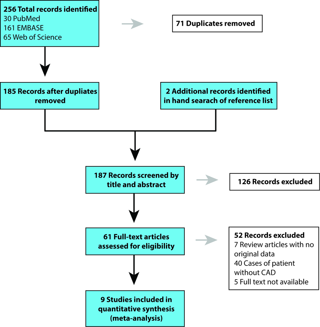 PRISMA flowchart of article search in PubMed, EMBASE, and Web of Science and study selection. CAD, coronary artery disease.