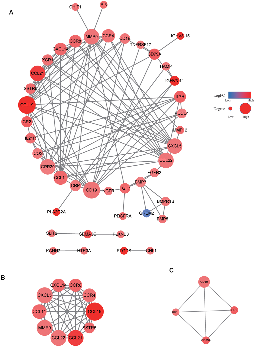 PPI network of immune-related genes. The PPI network consisted of 44 nodes and 112 edges (A). Two important modules were observed via the MCODE algorithm (B, C).