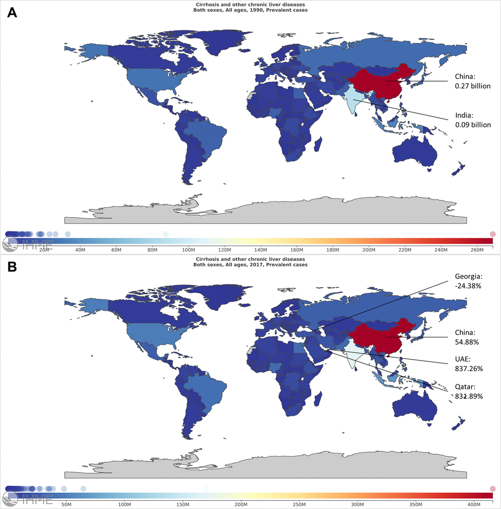 The worldwide prevalence cases of liver cirrhosis in 195 countries and territories. (A) The worldwide prevalence cases of liver cirrhosis in 1990. (B) The worldwide prevalence cases of liver cirrhosis in 2017.