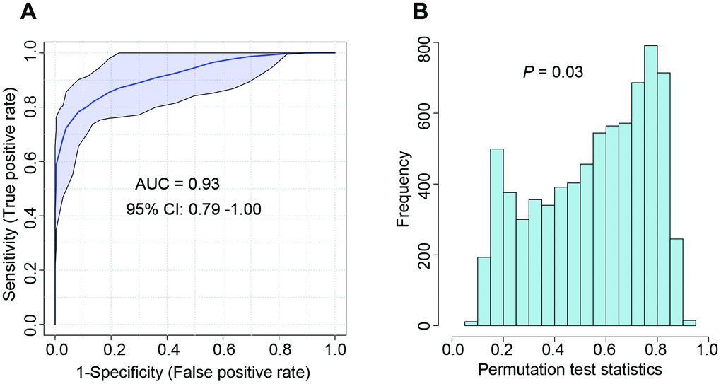 The performance of the developed integrated model evaluated by ROC curve in the external validation cohort. (A) ROC curve; (B) The cross-validation with the permutation test (1000 times). ROC curve: Receiver operator characteristic curve.