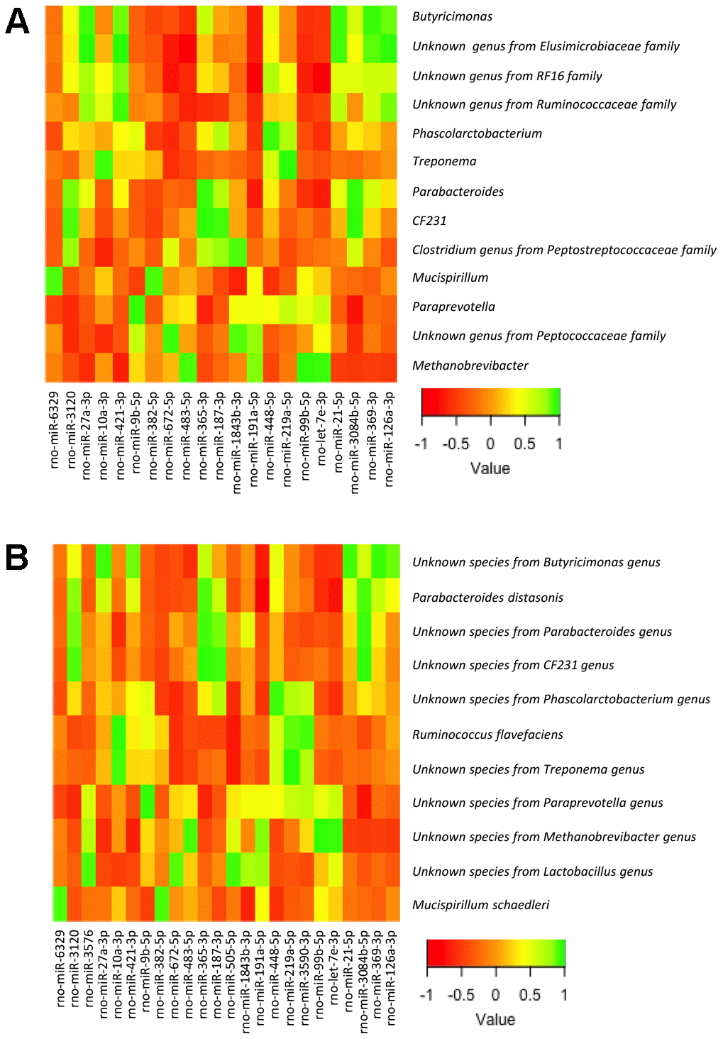 Heatmap from the Pearson’s correlation coefficient between the bacterial genera (A) and species (B) identified by LEfSe analysis and the expression levels of the miRNAs in the large intestine.