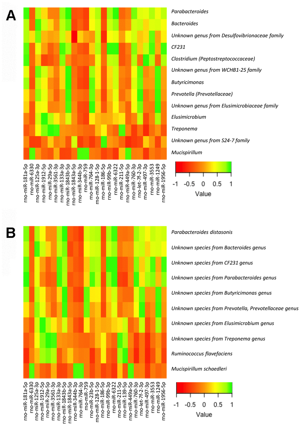 Heatmap from the Pearson’s correlation coefficient between the bacterial genera (A) and species (B) identified by LEfSe analysis and the expression levels of the miRNAs in the small intestine.