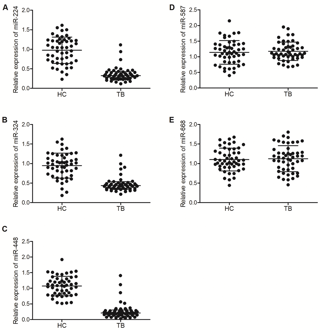 MiR-224-5p, miR-324-5p and miR-488-5p were down-regulated in TB patients. (A) Relative expression of miR-224-5p in TB patients and healthy controls; (B) Relative expression of miR-324-5p in TB patients and healthy controls; (C) Relative expression of miR-488-5p in TB patients and healthy controls; (D) Relative expression of miR-587 in TB patients and healthy controls; (E) Relative expression of miR-668 in TB patients and healthy controls.