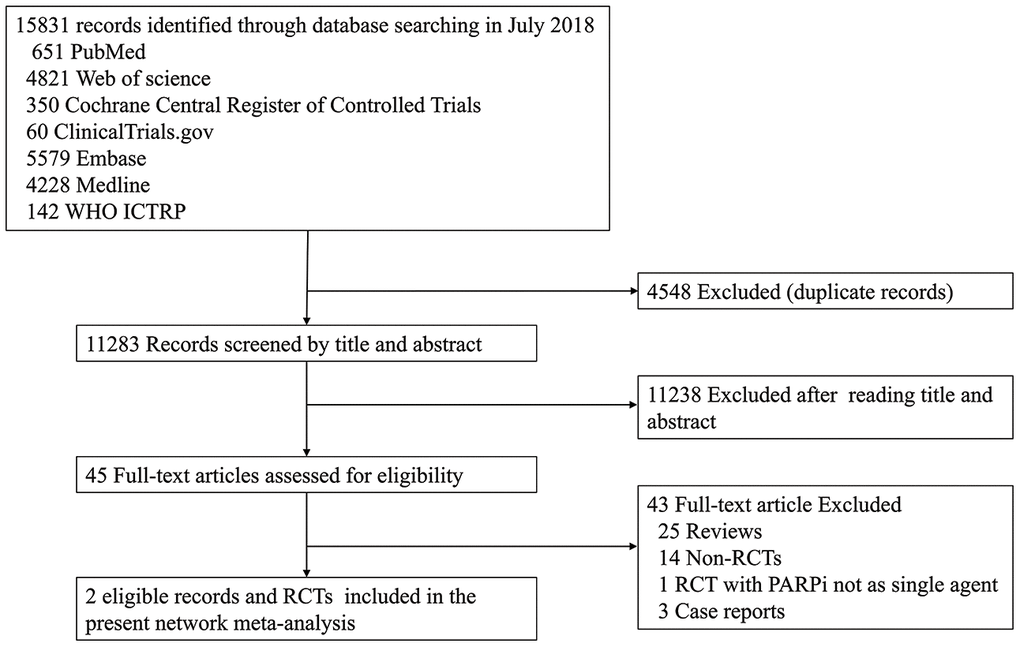 The PRISMA flow chart summarizing the identification process of eligible studies. WHO ICTRP, World Health Organization International Clinical Trials Registry Platform; PARPi, PARP inhibitor; RCT, randomized controlled trial.
