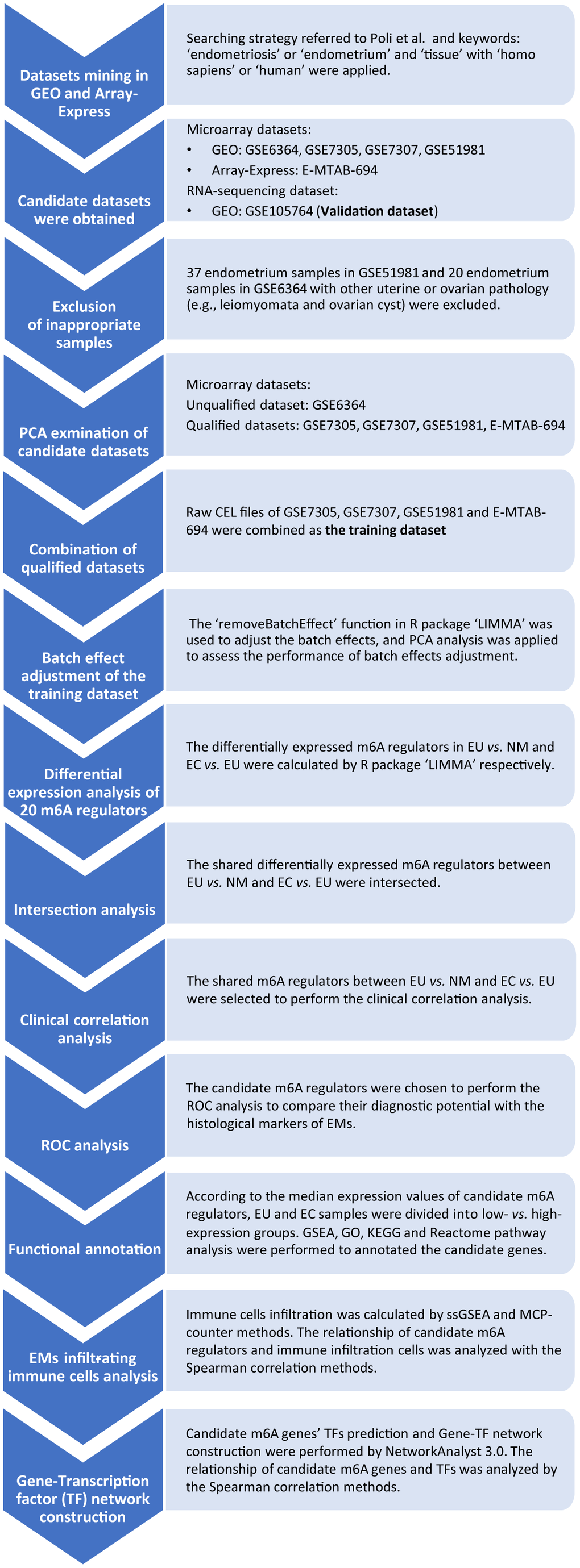 The flowchart of m6A regulators’ analysis in EMs. EMs, endometriosis; NM, normal endometrium; EU, eutopic endometrium; EC, ectopic endometrium; GEO, Gene Expression Omnibus; PCA, the principal component analysis; ROC, the receiver operating characteristic analysis; GSEA, gene set enrichment analysis; ssGSEA, single sample gene set enrichment analysis; GO, Gene Ontology; KEGG, Kyoto Encyclopedia of Genes and Genomes; MCP-counter, microenvironment cell populations counter; TF, transcription factor.