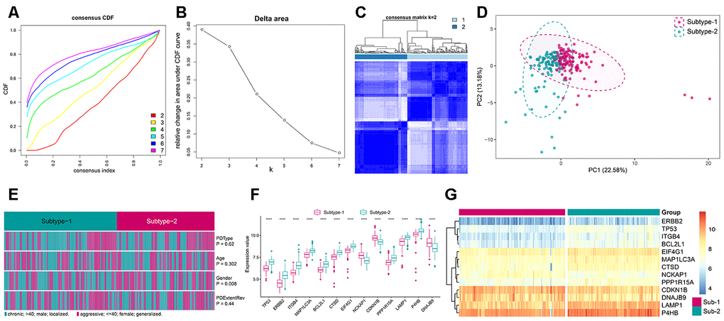 Unsupervised clustering of 208 autophagy genes identifying 2 distinct autophagy-mediated regulation pattern subtypes in periodontitis. (A) Consensus clustering cumulative distribution function (CDF) for k = 2–7. (B) Relative change in area under the CDF curve for k = 2–7. (C) Heatmap of the matrix of co-occurrence proportions for periodontitis samples. (D) Principal component analysis for the transcriptome profiles of 2 autophagy regulation patterns, showing a remarkable difference in transcriptome between different regulation patterns. (E) Comparing of age, gender, periodontitis range and periodontitis type among 2 autophagy regulation patterns. The heatmap illustrates the association of different clinical characters with the 2 subtypes. (F) The expression status of subtype-specific autophagy genes in the two subtypes. (G) Unsupervised clustering of 13 subtype-specific autophagy genes in the 2 regulation patterns.