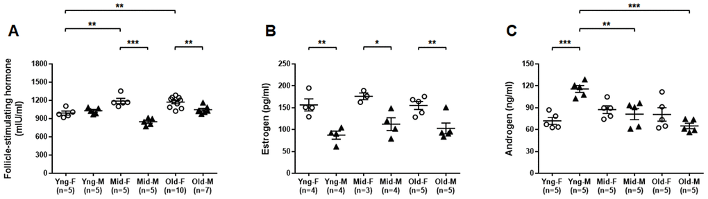Comparisons of select sex hormone concentrations in serum between male and female of young, middle-aged and old mice. Peripheral blood was collected from indicated mice and serum was prepared for ELISA assay. Concentrations of (A) follicle-stimulating hormone, (B) estrogen and (C) androgen in serum between male and female of young, middle-aged and old mice. * P 