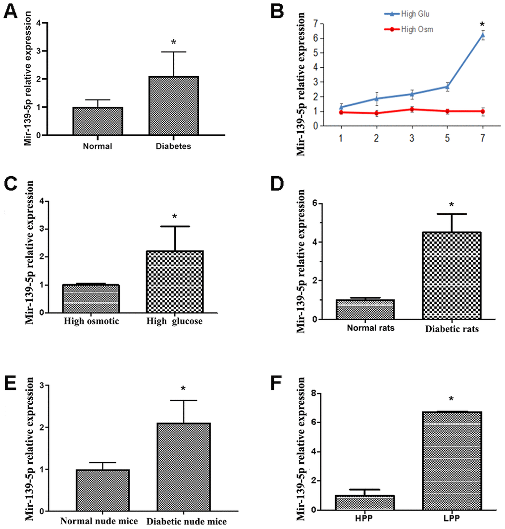 Diabetes induces upregulation of miR-139-5p expression in endothelial cells. (A) MiR-139-5p expression in endothelial colony-forming cells (ECFCs) isolated and cultured from peripheral blood (PB) of diabetic patients and healthy adults was detected by real-time PCR. (N=4) *P B) MiR-139-5p expression in human umbilical vein endothelial cells (HUVECs) after 7 days of high glucose or high osmotic culture was detected by real-time PCR. (N=3) *P C) MiR-139-5p expression in ECFCs from health PB after 7 days of high glucose or high osmotic culture was detected by real-time PCR. (N=3) *P D) MiR-139-5p expression in endothelial cells derived from the thoracic aorta of normal and diabetic rats was detected by real-time PCR. (N=6) *P E) MiR-139-5p expression in endothelial cells derived from the thoracic aorta of normal and diabetic nude mouse was detected by real-time PCR. (N=6) *P F) The expression of miR-139-5p in different clone cells. (N=3) *P 