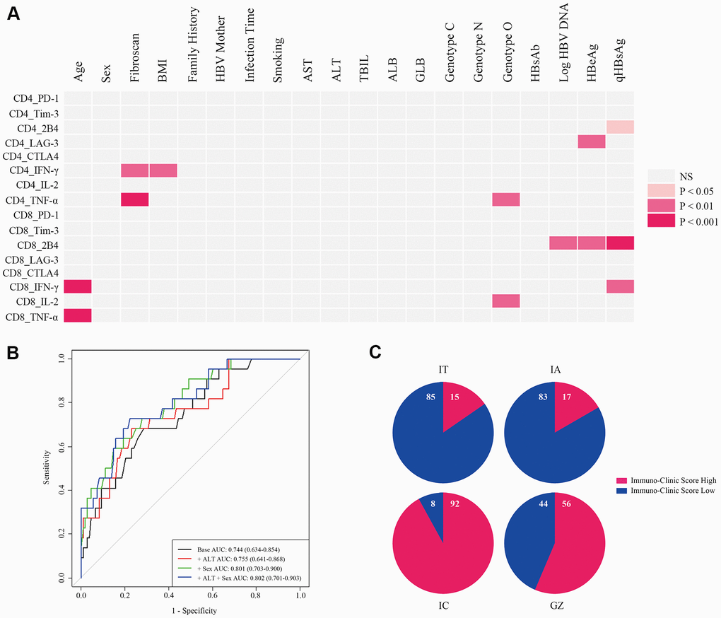 Development of an ICS model for the evaluation of comprehensive T cell immunity. (A) Correlations of antiviral cytokines (IFN-γ, TNF-α, and IL-2) and inhibitory molecules (PD-1, Tim-3, LAG-3, CTLA4, and 2B4) produced by CD4+ and CD8+ T cells with 18 clinical-virological characteristics were measured. Seven clinical-virological variables (Age, Fibroscan value, BMI, HBV genotype, Log HBV DNA, HBeAg, and qHBsAg) showed significant association with different immune variables. The Spearman correlation or Wilcoxon rank sum test was used to test the correlation. P B) ROC curve analysis of different ICS models in all CHB patients. Four ROC curves are shown by different clinical-virological variables based on classifications from all CHB patients, and the ROC curve for the selected ICS model is displayed in green (+ Sex). AUC, sensitivity, and specificity of this ROC curve were 0.801 (95% CI 0.703-0.900), 0.727, and 0.722, respectively, and the cut-off value was 0.442. (C) Re-evaluation of T cell comprehensive immunity with the ICS model in patients at different CHB phases. Numbers in the blue and red proportion indicate the percentage of ICS-low and ICS-high patients, respectively.