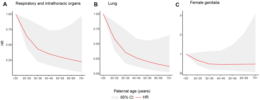 Restricted cubic spline models for association between paternal age and incident of cancer of as follows. Cancers of the respiratory and intrathoracic organs (A); lung cancer (B); cancers of the female genitalia (C).