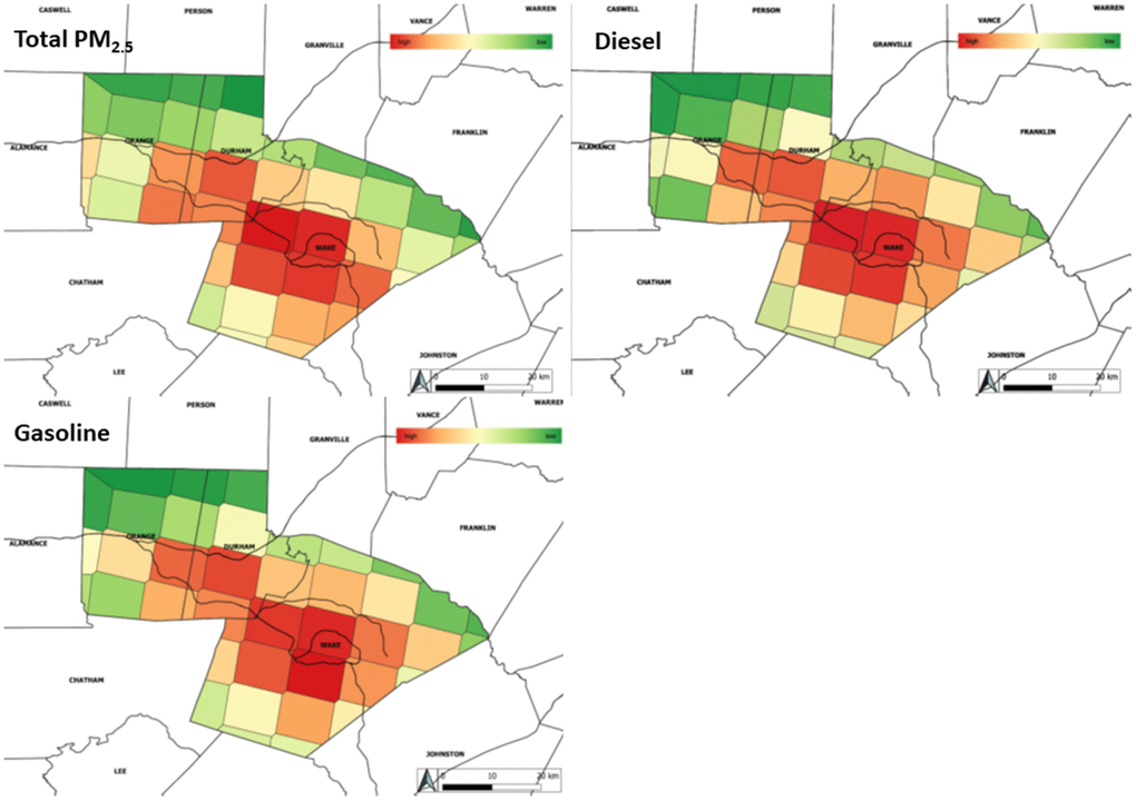 Distribution of total PM2.5 and source-apportioned PM2.5 averaged over all study years. gives the distribution of total PM2.5 mass as well as diesel and gasoline source-apportioned PM2.5. As expected for urban counties, the distribution of diesel and gasoline source-apportioned PM2.5 closely matches the distribution of total PM2.5. Lower levels of pollutants are given in green with high levels shading towards red.