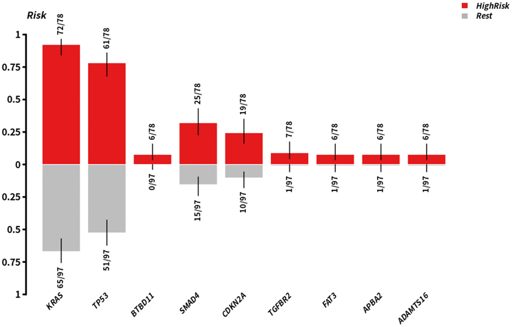 Enriching mutant genes in high-risk groups and other groups, red represents high risk, gray represents ret.