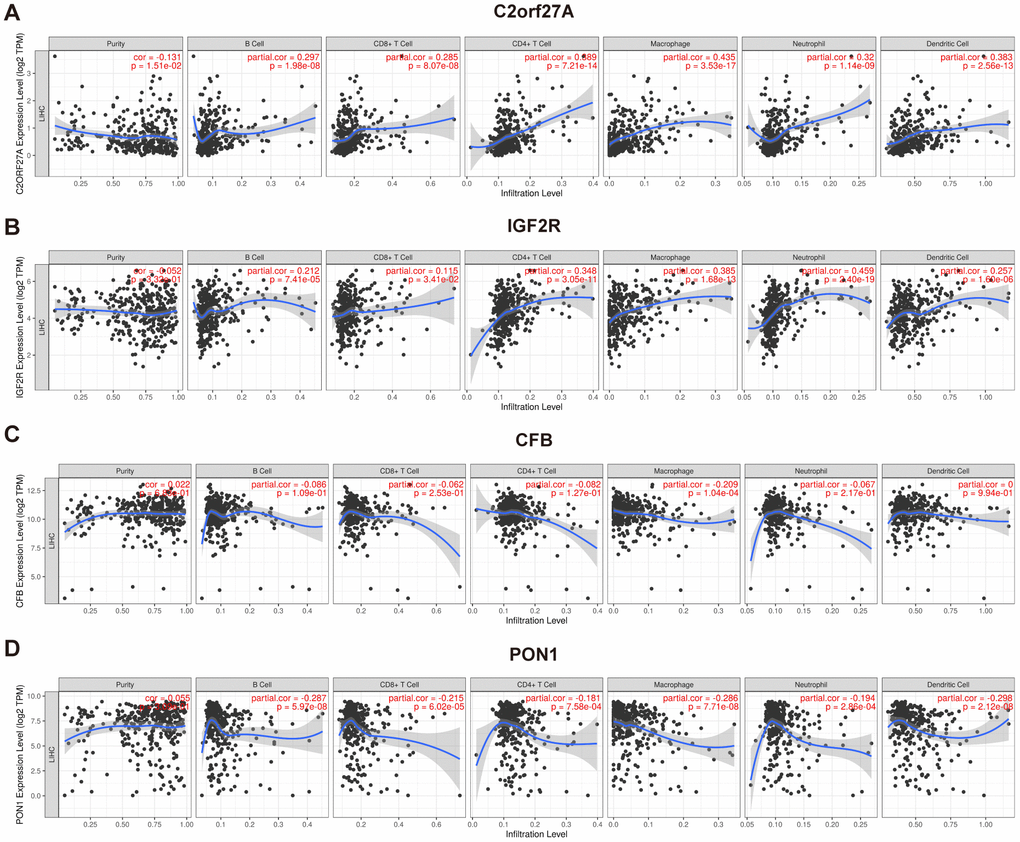 Association of selected genes' expression with immune infiltration cells. The correlation between selected genes and immune infiltration in HCC was evaluated by using TIMER (https://cistrome.shinyapps.io/timer/) (A) C2orf27a. (B) IGF2R. (C) CFB. (D) PON1. p